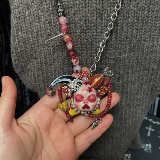 Handmade Gothic Doll Face Necklace, Spiked Halloween Pendant