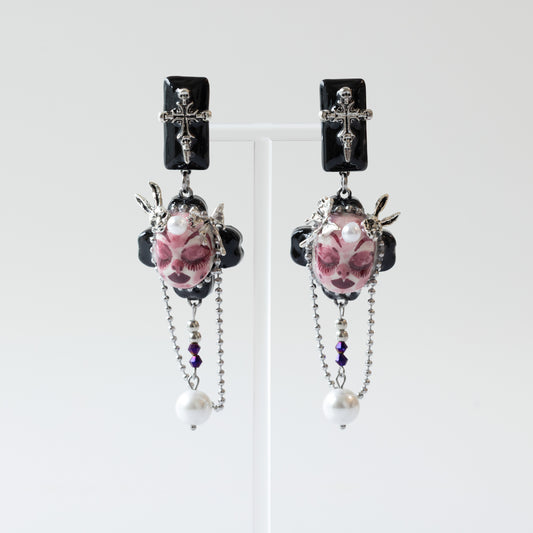 Handmade Cyber Goth Mime Doll Earrings, Asymmetric Spiderweb Heart Dangles, Harajuku Alt Jewelry