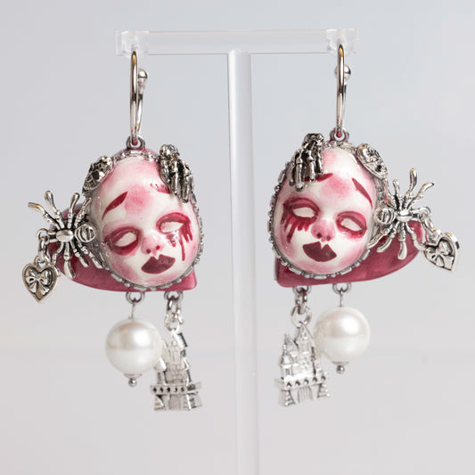 Handmade Clay Spider Doll Earrings, Gothic Castle Dangles, Halloween Jewelry