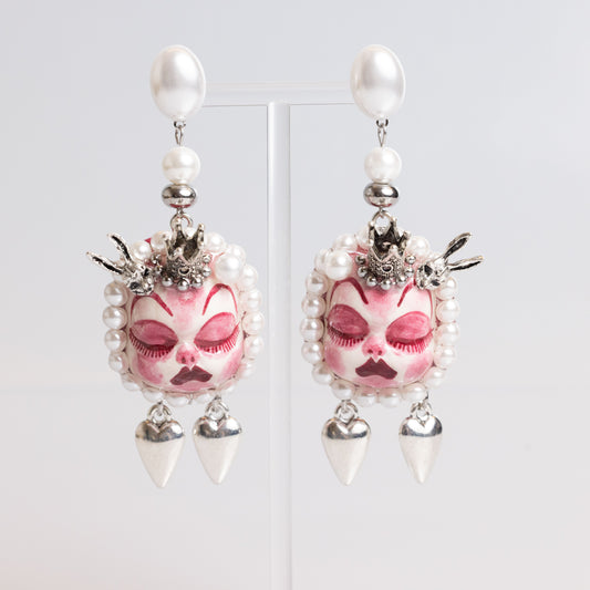 Handmade Crown Doll Face Stud Earrings: Dark Fairy Tale Polymer Clay Punk Cuffs