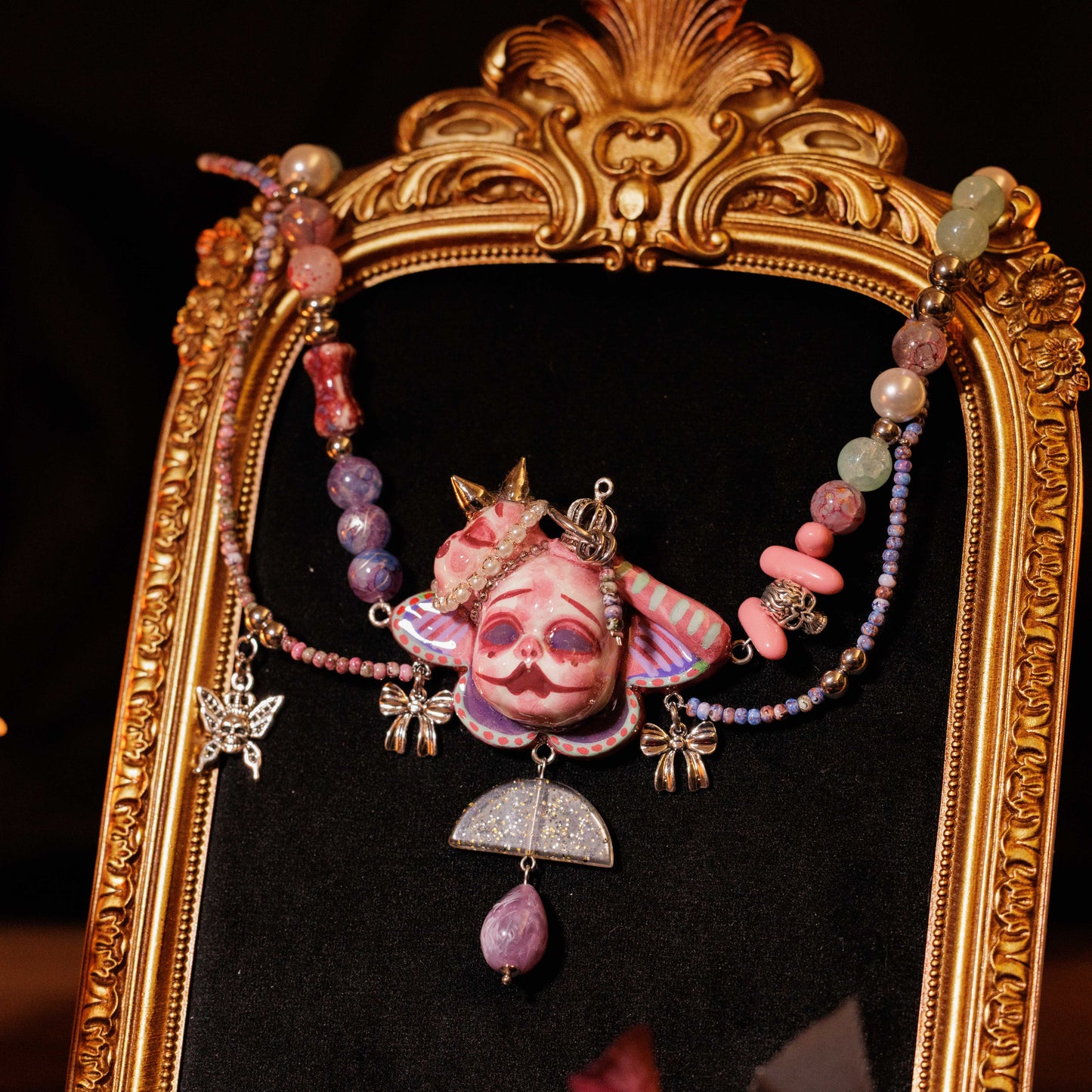 Handmade Asymmetric Blue Doll Necklace, Crying Mime Face Pendant, Creepy Cute Cyber Goth Beads & Chain, Alt Harajuku Jewelry