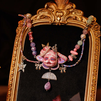 Handmade Asymmetric Blue Doll Necklace, Crying Mime Face Pendant, Creepy Cute Cyber Goth Beads & Chain, Alt Harajuku Jewelry