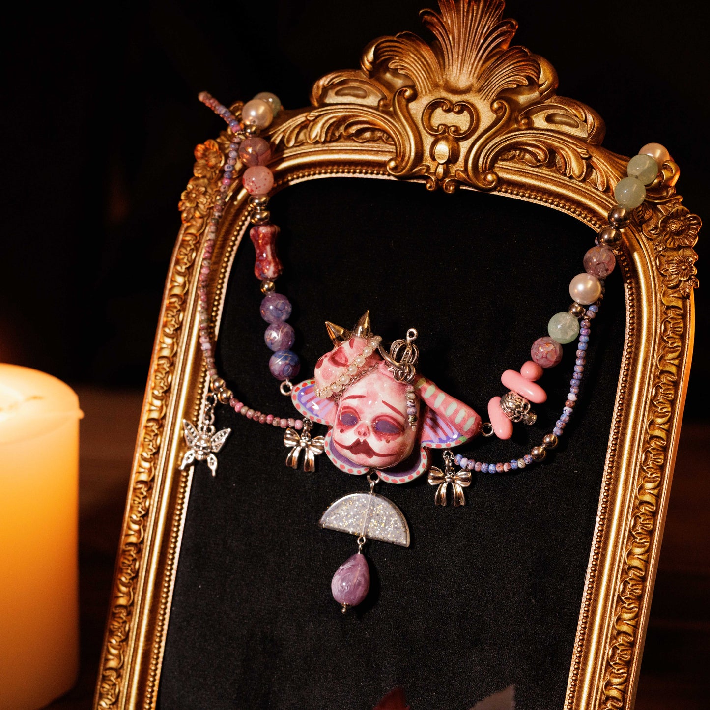 Handmade Asymmetric Blue Doll Necklace, Crying Mime Face Pendant, Creepy Cute Cyber Goth Beads & Chain, Alt Harajuku Jewelry