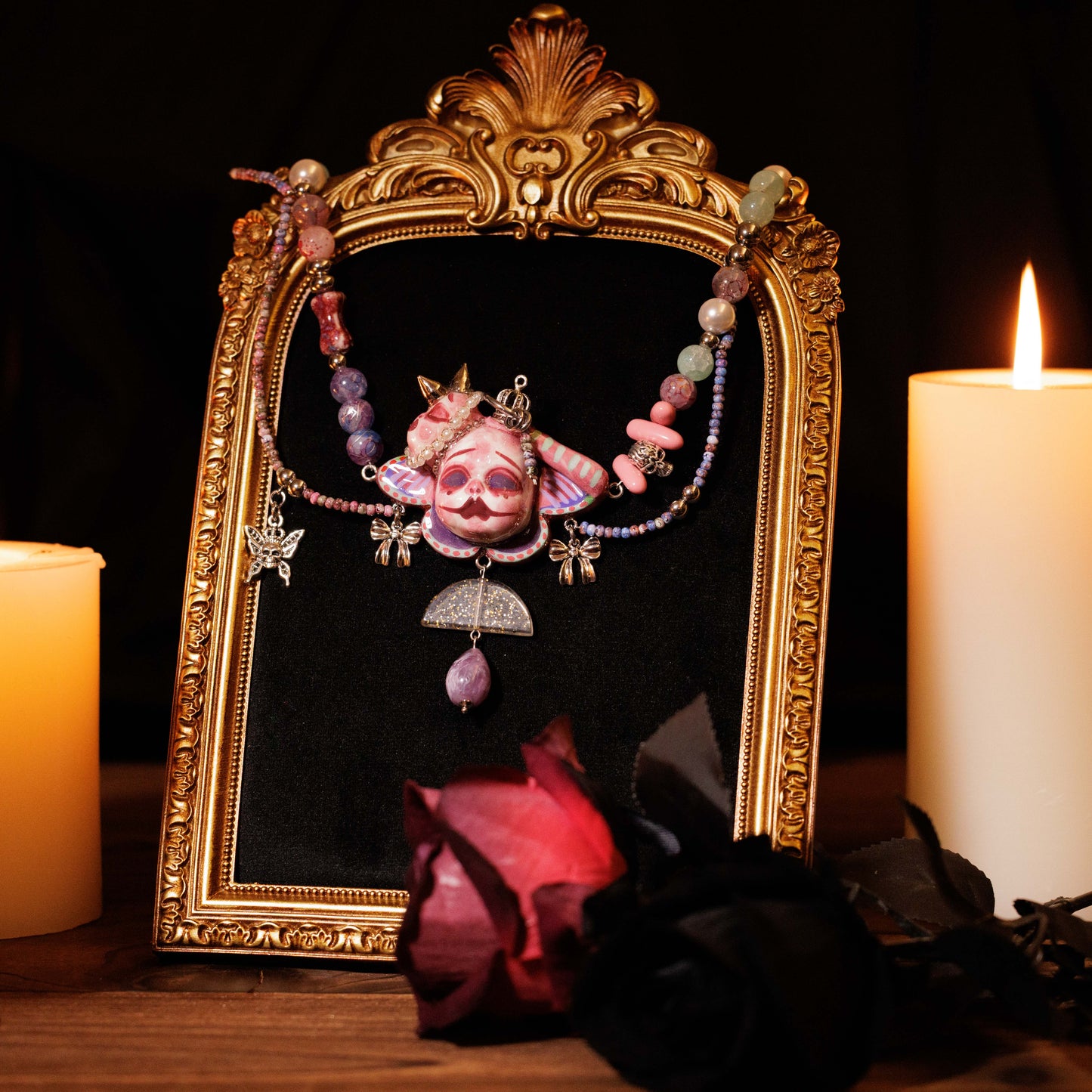 Handmade Asymmetric Blue Doll Necklace, Crying Mime Face Pendant, Creepy Cute Cyber Goth Beads & Chain, Alt Harajuku Jewelry