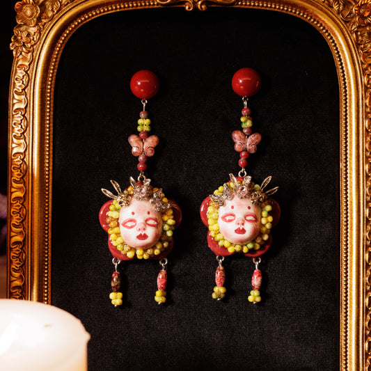 Handmade Floral Doll Face Earrings, Red Green Butterfly Beads, Gothic Alternative Jewelry