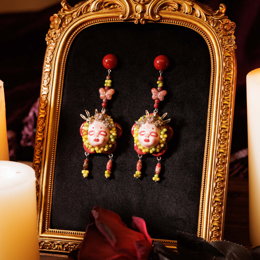 Handmade Floral Doll Face Earrings, Red Green Butterfly Beads, Gothic Alternative Jewelry