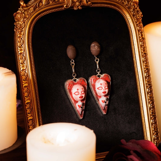 Handmade Coffin Rose Doll Earrings, Gothic Heart Dangles, Clay Steel Jewelry