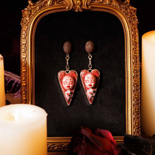 Handmade Coffin Rose Doll Earrings, Gothic Heart Dangles, Clay Steel Jewelry