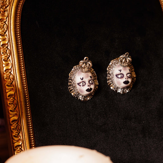 Handmade Gothic Clown Face Earrings, Royal Crown Doll Studs, Dark Alternative Jewelry