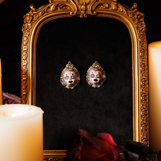 Handmade Gothic Clown Face Earrings, Royal Crown Doll Studs, Dark Alternative Jewelry