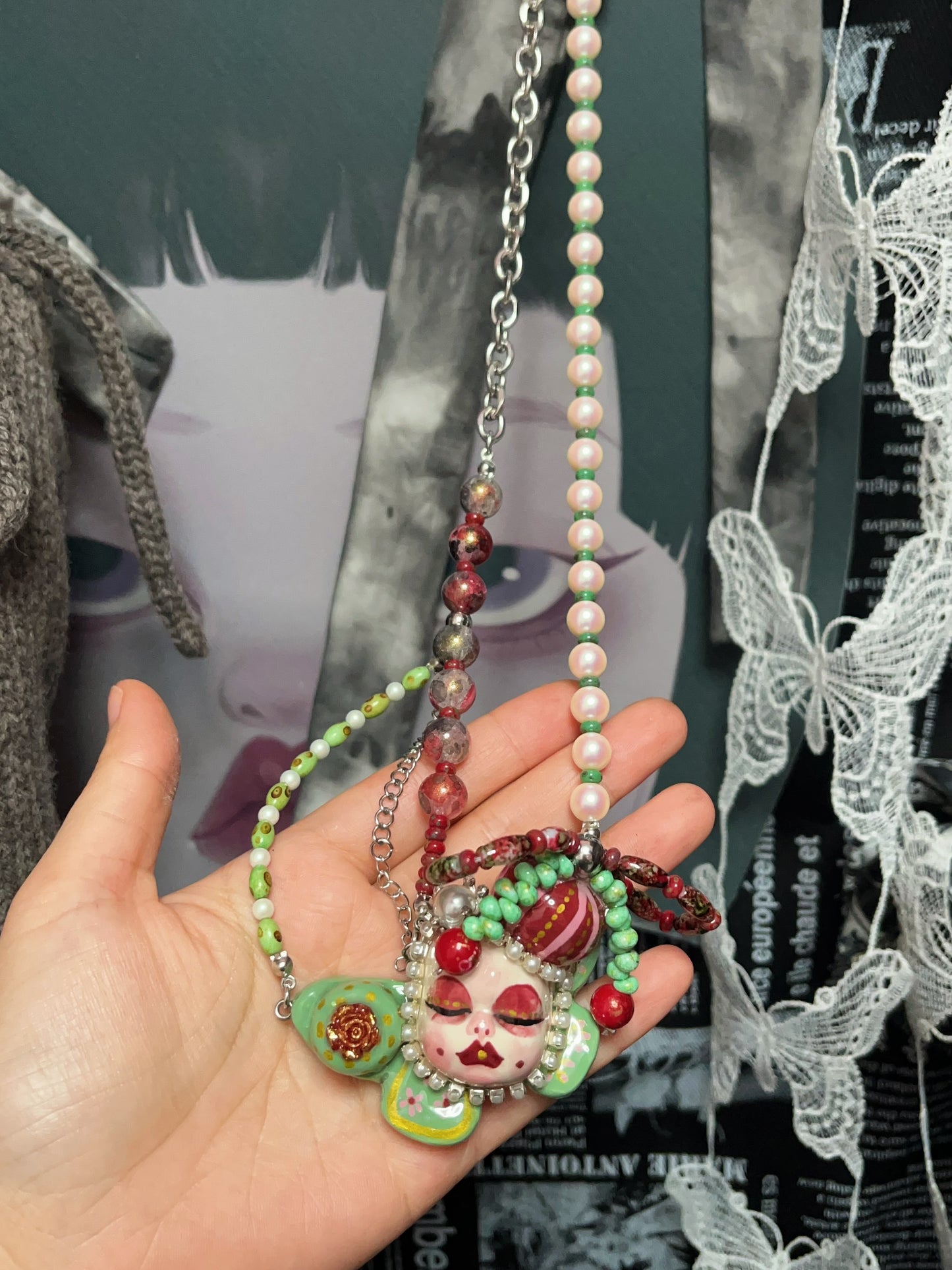 Polymer Clay Necklace, Handmade Creepy Doll Face Pendant Jewelry