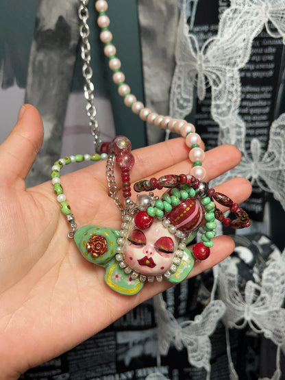 Polymer Clay Necklace, Handmade Creepy Doll Face Pendant Jewelry