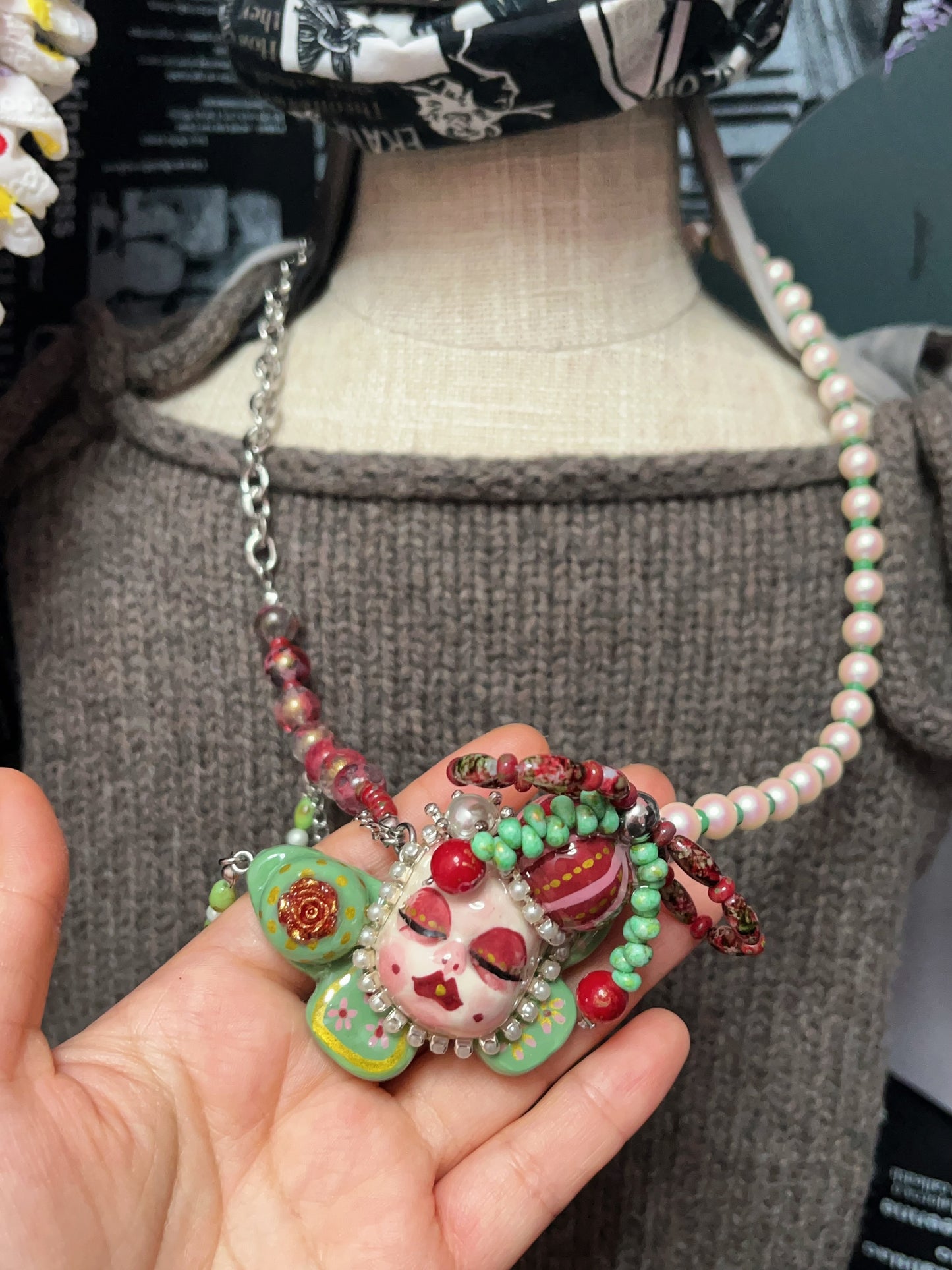 Polymer Clay Necklace, Handmade Creepy Doll Face Pendant Jewelry