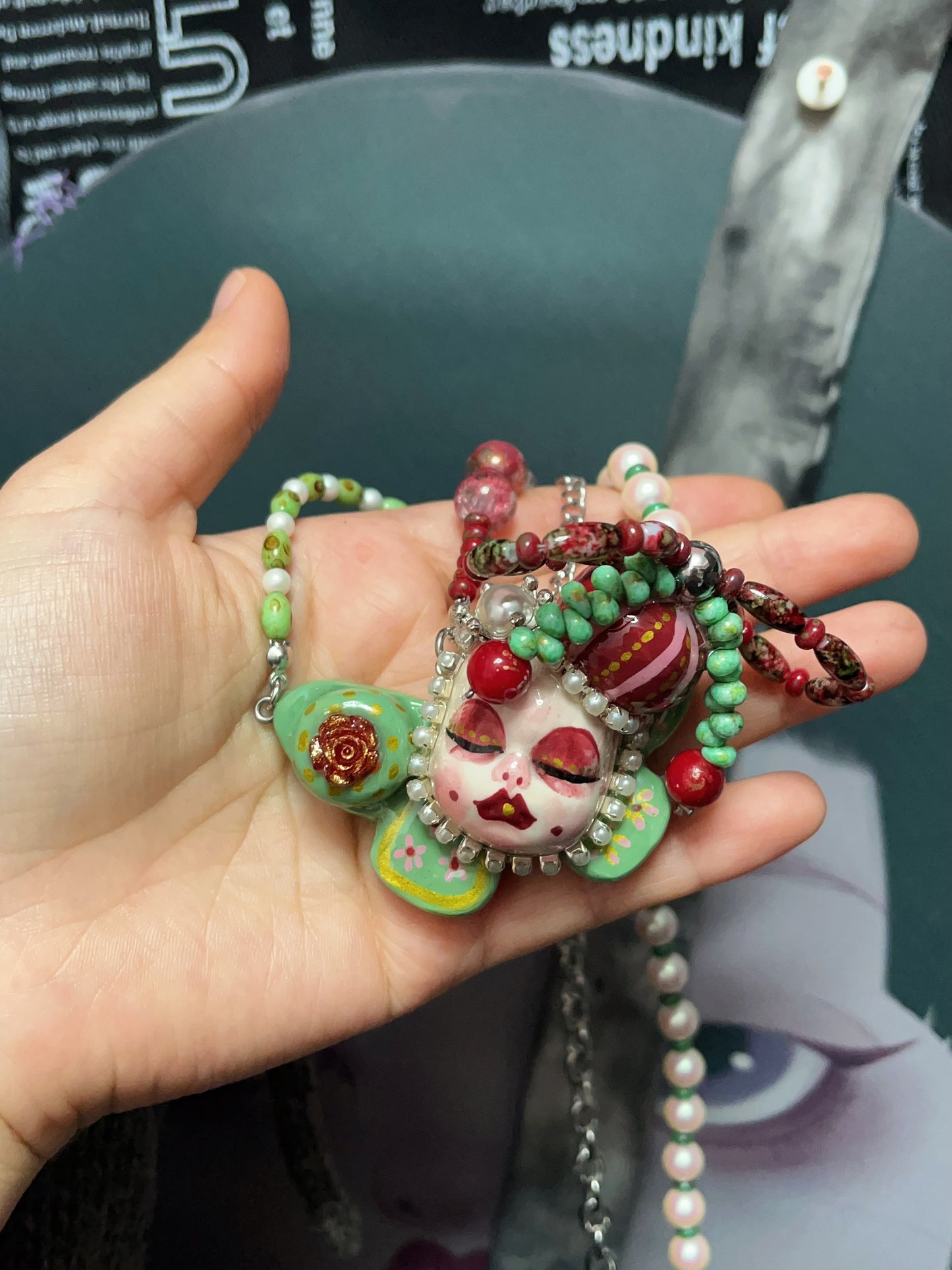 Polymer Clay Necklace, Handmade Creepy Doll Face Pendant Jewelry