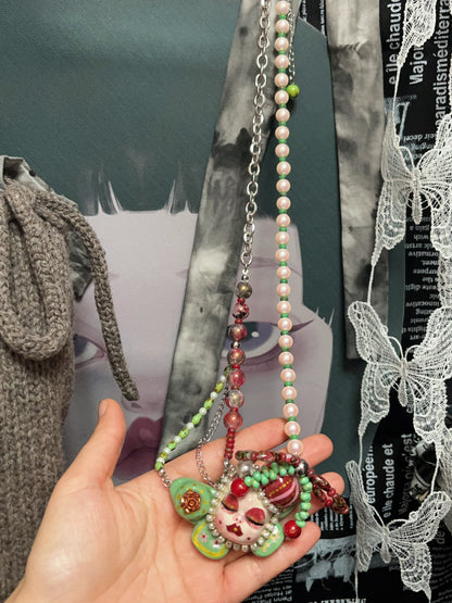 Polymer Clay Necklace, Handmade Creepy Doll Face Pendant Jewelry