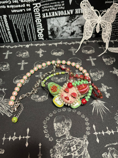 Polymer Clay Necklace, Handmade Creepy Doll Face Pendant Jewelry