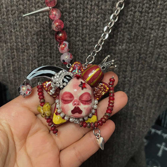 Handmade Gothic Doll Face Necklace, Spiked Halloween Pendant
