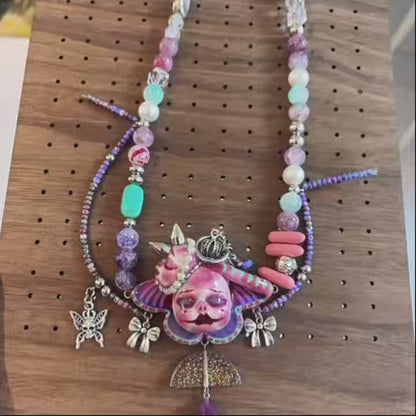 Handmade Asymmetric Blue Doll Necklace, Crying Mime Face Pendant, Creepy Cute Cyber Goth Beads & Chain, Alt Harajuku Jewelry