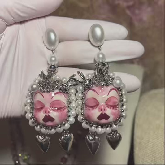 Handmade Crown Doll Face Stud Earrings: Dark Fairy Tale Polymer Clay Punk Cuffs