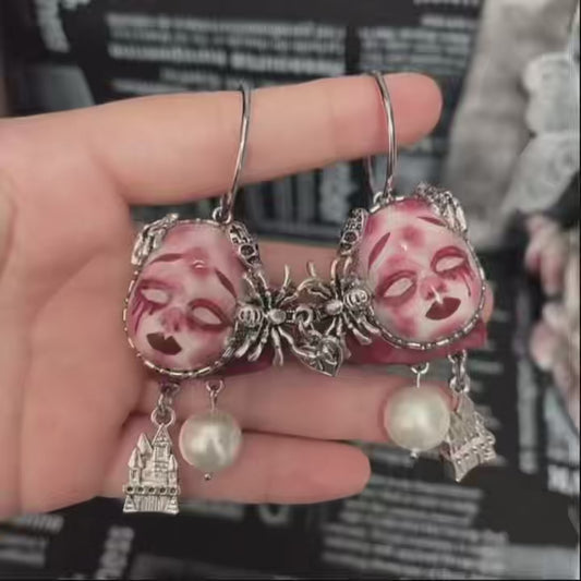 Handmade Clay Spider Doll Earrings, Gothic Castle Dangles, Halloween Jewelry