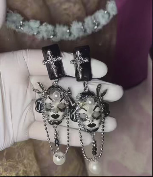 Handmade Cyber Goth Mime Doll Earrings, Asymmetric Spiderweb Heart Dangles, Harajuku Alt Jewelry