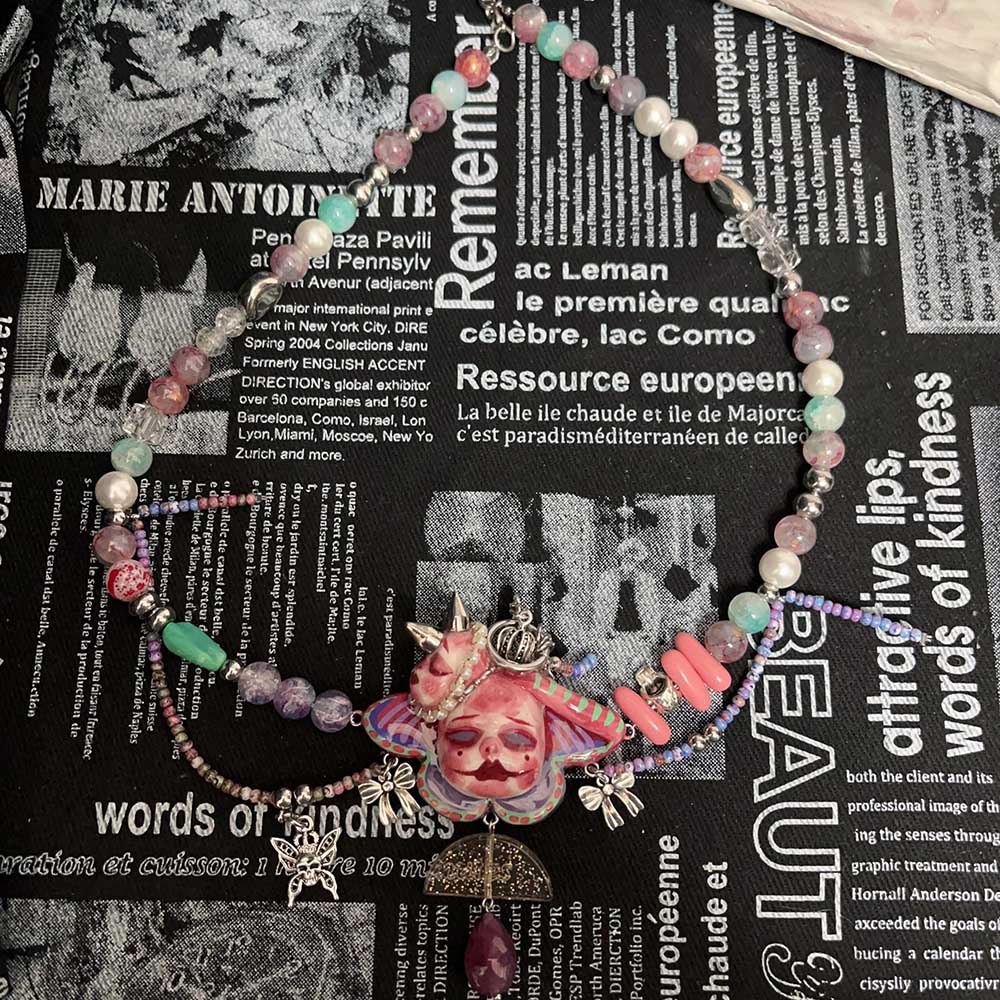 Handmade Asymmetric Blue Doll Necklace, Crying Mime Face Pendant, Creepy Cute Cyber Goth Beads & Chain, Alt Harajuku Jewelry