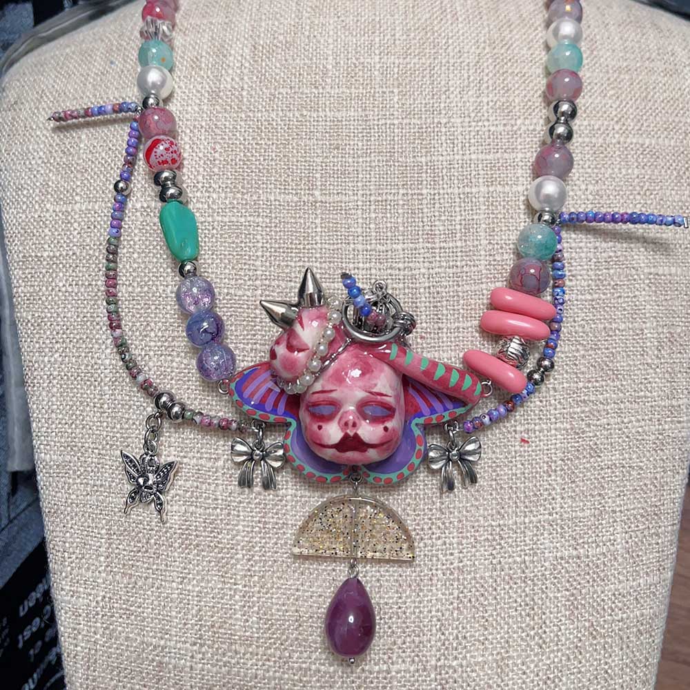 Handmade Asymmetric Blue Doll Necklace, Crying Mime Face Pendant, Creepy Cute Cyber Goth Beads & Chain, Alt Harajuku Jewelry