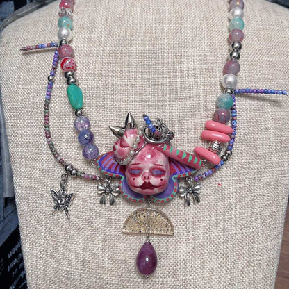 Handmade Asymmetric Blue Doll Necklace, Crying Mime Face Pendant, Creepy Cute Cyber Goth Beads & Chain, Alt Harajuku Jewelry