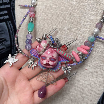 Handmade Asymmetric Blue Doll Necklace, Crying Mime Face Pendant, Creepy Cute Cyber Goth Beads & Chain, Alt Harajuku Jewelry