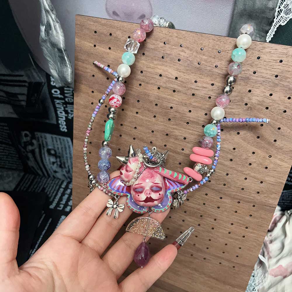 Handmade Asymmetric Blue Doll Necklace, Crying Mime Face Pendant, Creepy Cute Cyber Goth Beads & Chain, Alt Harajuku Jewelry