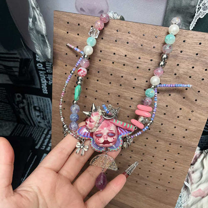 Handmade Asymmetric Blue Doll Necklace, Crying Mime Face Pendant, Creepy Cute Cyber Goth Beads & Chain, Alt Harajuku Jewelry