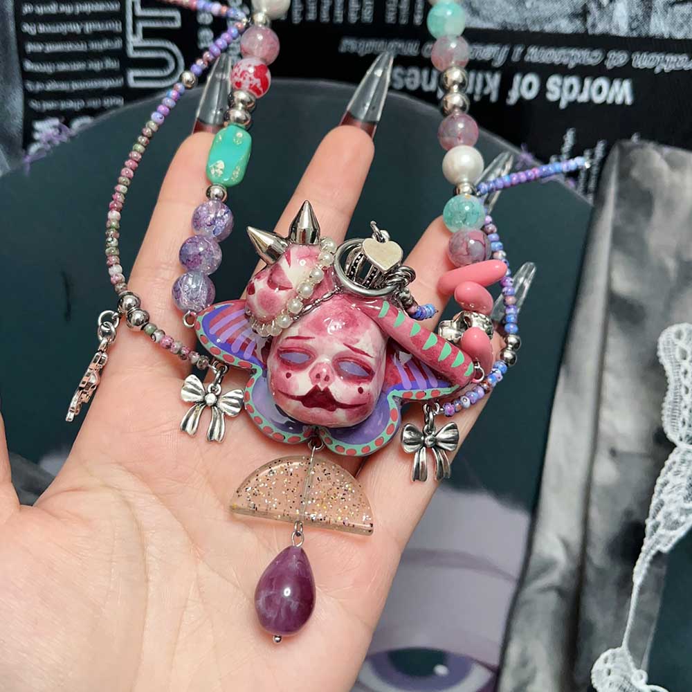Handmade Asymmetric Blue Doll Necklace, Crying Mime Face Pendant, Creepy Cute Cyber Goth Beads & Chain, Alt Harajuku Jewelry