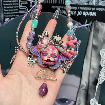 Handmade Asymmetric Blue Doll Necklace, Crying Mime Face Pendant, Creepy Cute Cyber Goth Beads & Chain, Alt Harajuku Jewelry