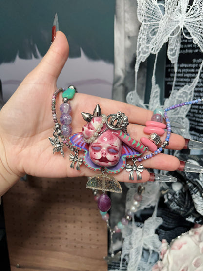 Handmade Asymmetric Blue Doll Necklace, Crying Mime Face Pendant, Creepy Cute Cyber Goth Beads & Chain, Alt Harajuku Jewelry