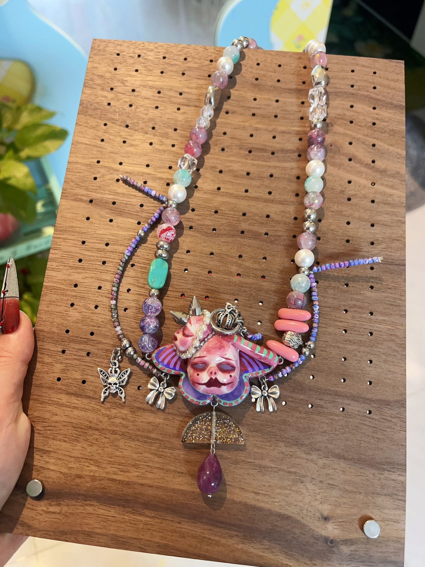 Handmade Asymmetric Blue Doll Necklace, Crying Mime Face Pendant, Creepy Cute Cyber Goth Beads & Chain, Alt Harajuku Jewelry
