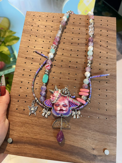 Handmade Asymmetric Blue Doll Necklace, Crying Mime Face Pendant, Creepy Cute Cyber Goth Beads & Chain, Alt Harajuku Jewelry