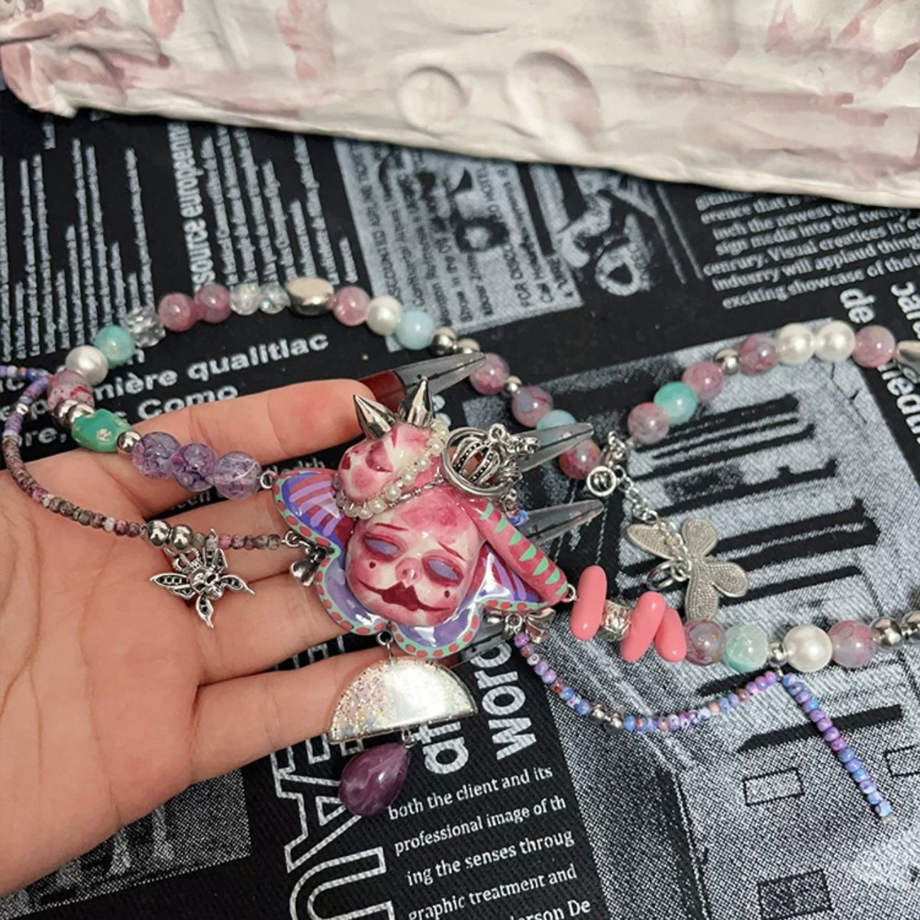 Handmade Asymmetric Blue Doll Necklace, Crying Mime Face Pendant, Creepy Cute Cyber Goth Beads & Chain, Alt Harajuku Jewelry