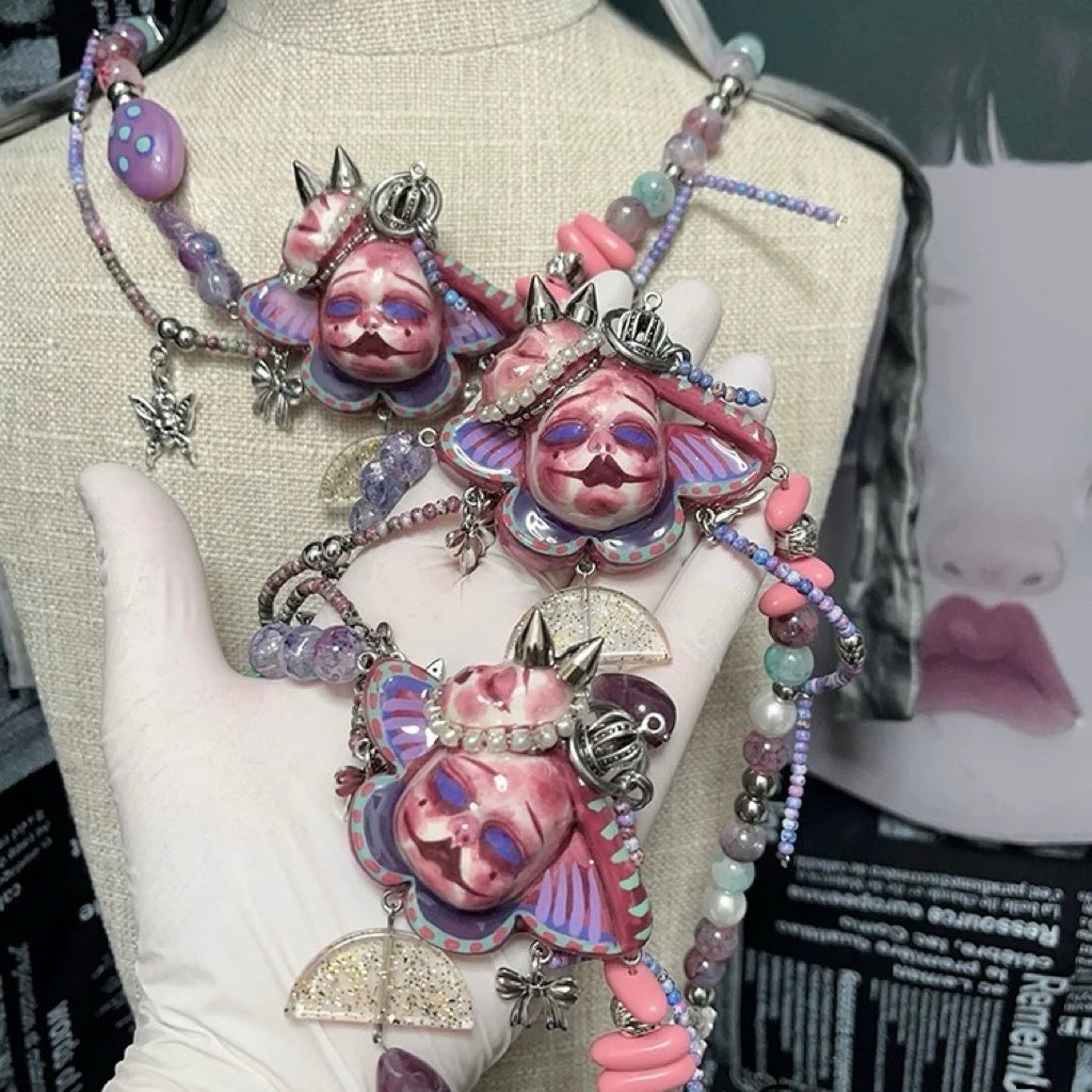 Handmade Asymmetric Blue Doll Necklace, Crying Mime Face Pendant, Creepy Cute Cyber Goth Beads & Chain, Alt Harajuku Jewelry